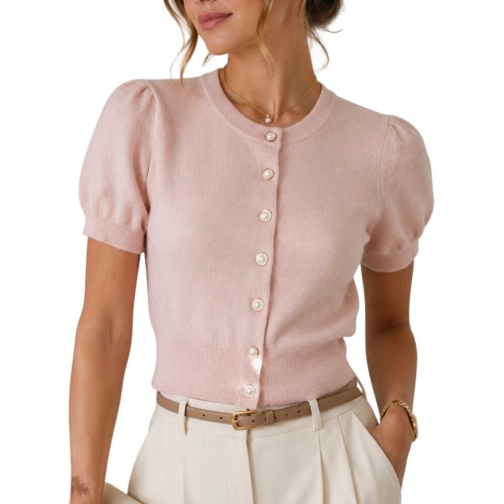 House of Harlow Cashmere Puff Sleeve Cardigan Small Pink Coquette Old Money Soft
